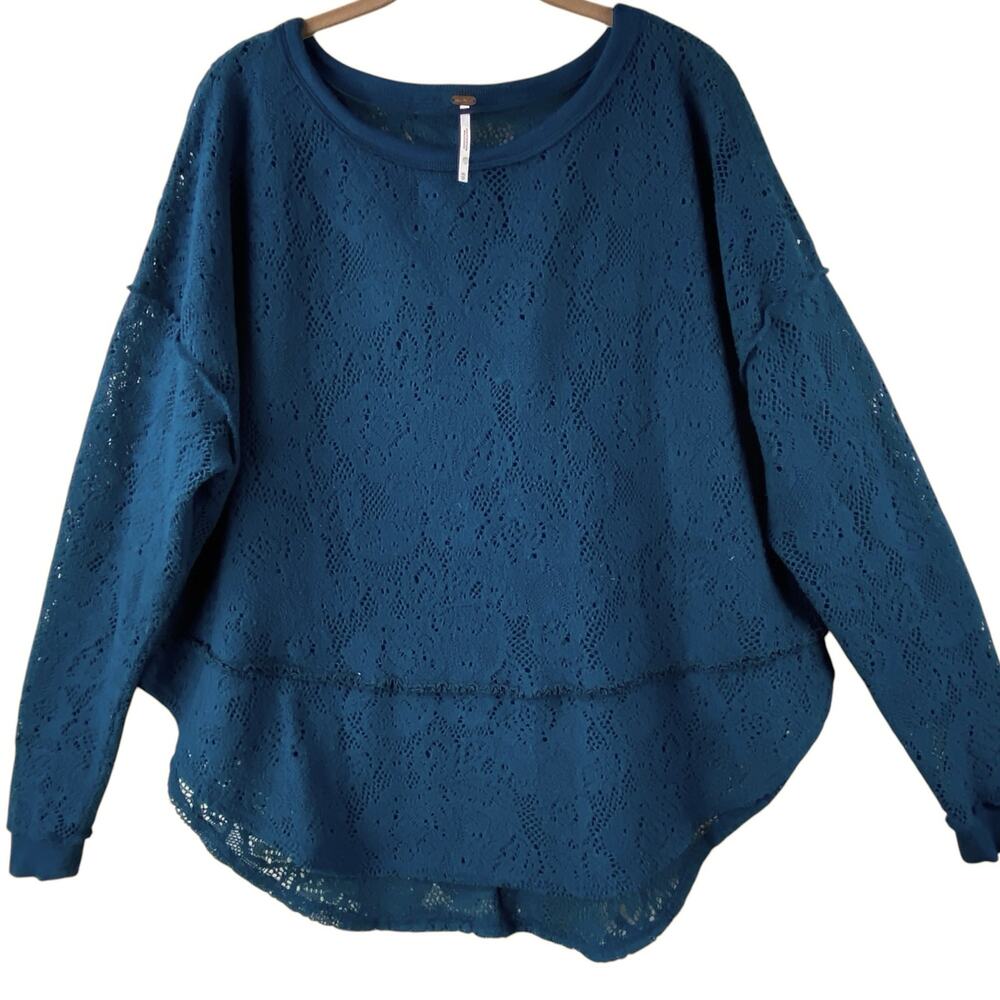 Free People Boho Floral Lace Blouse Tunic Size XS Teal Long Sleeves Oversized